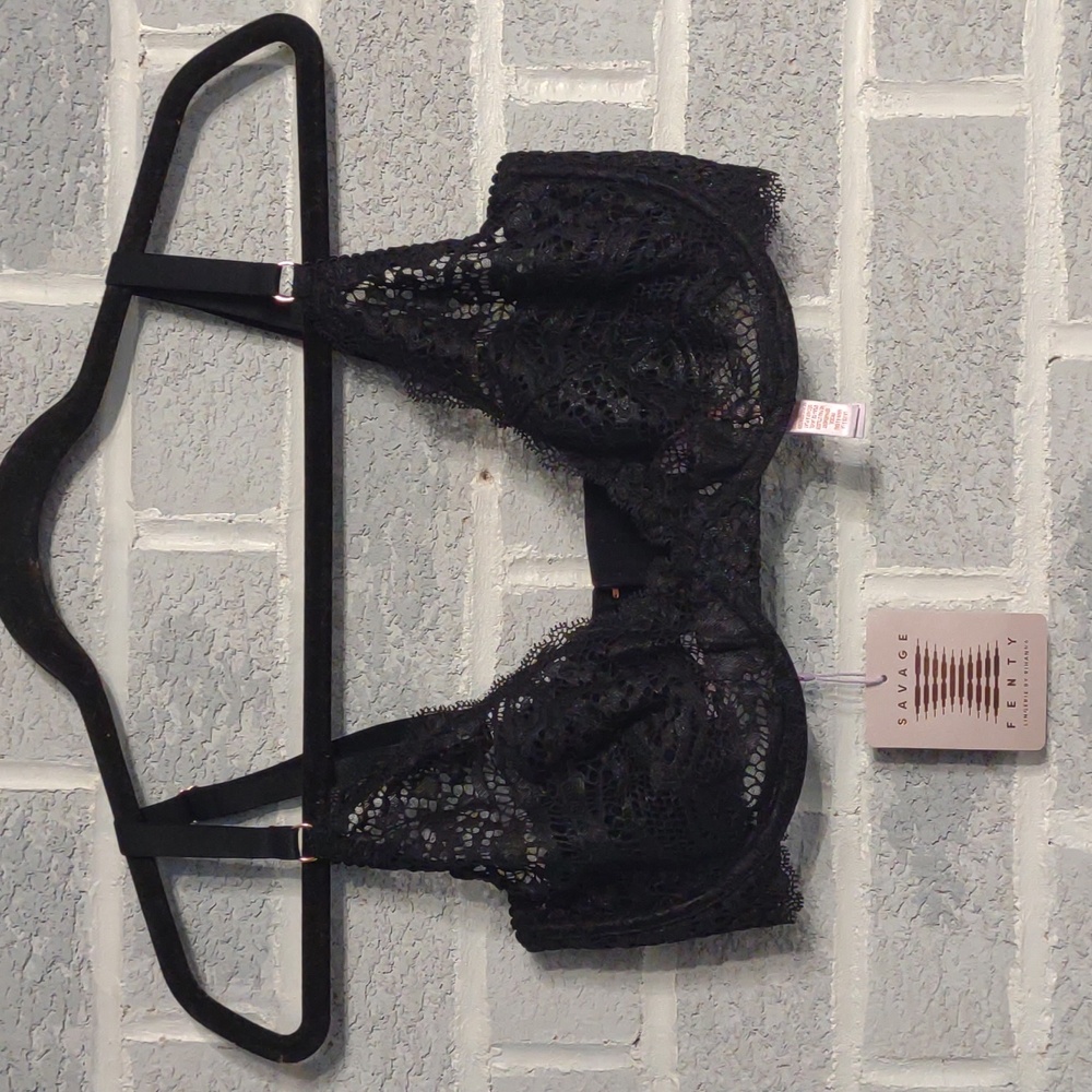 Savage X Fenty Midnight Unlined Mesh Black Lace Trim Underwire Bra 34DDD NWT